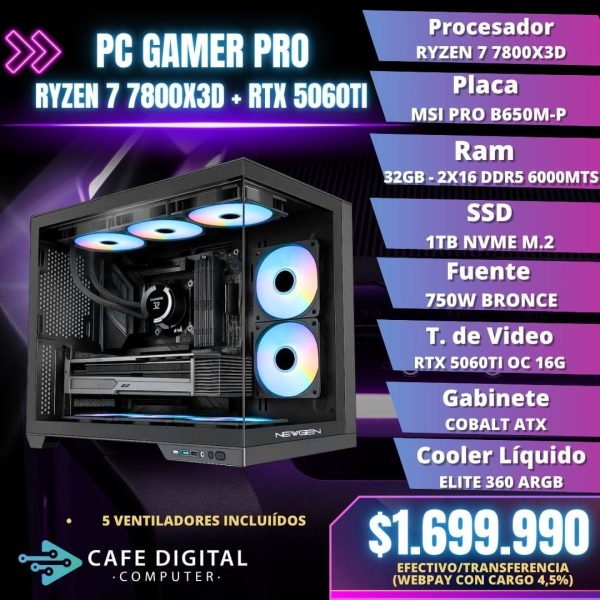 PC GAMER – Ryzen 7 7800X3D / RTX 5060TI 16G / 32GB DDR5 / 1TB NVME - COBALT