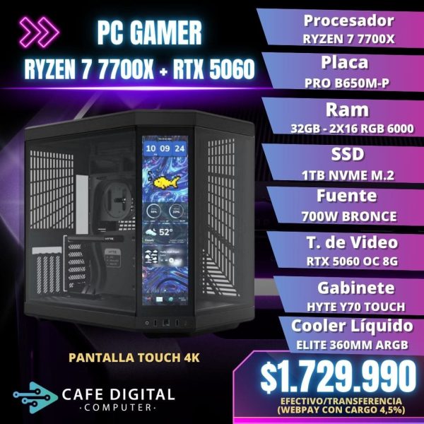 PC Gamer – Ryzen 7 7700X / RTX 5060 / 32GB DDR5 / 1TB NVME – CON PANTALLA TOUCH