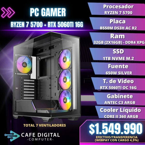 PC GAMER – RYZEN 7 5700 / RTX 5060TI 16G / 32GB / 1TB NVME – GAMING