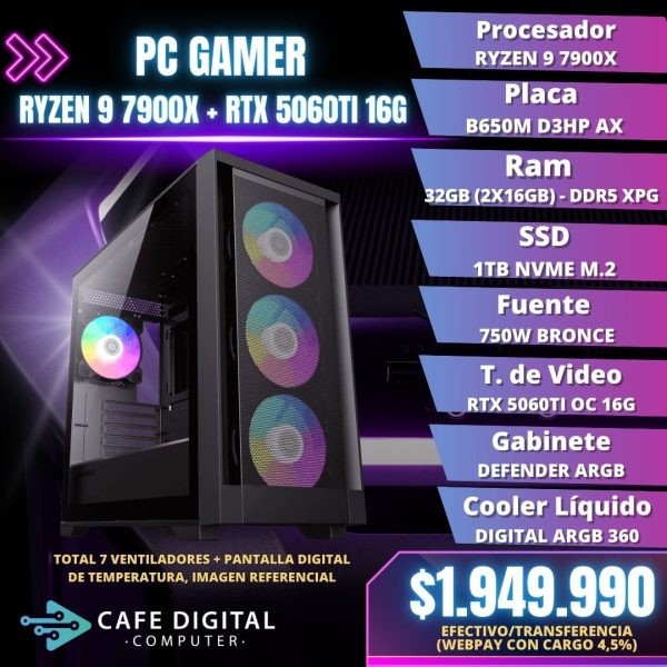 PC GAMER PRO – RYZEN 9 7900X / RTX 5060TI 16G / 32GB DDR5 / 1TB NVME – DEFENDER