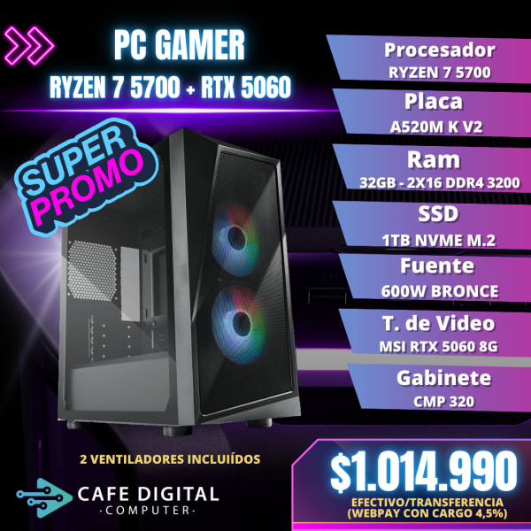 PC GAMER – RYZEN 7 5700 / RTX 5060 / 1TB NVME  / 32GB - CoolerMaster