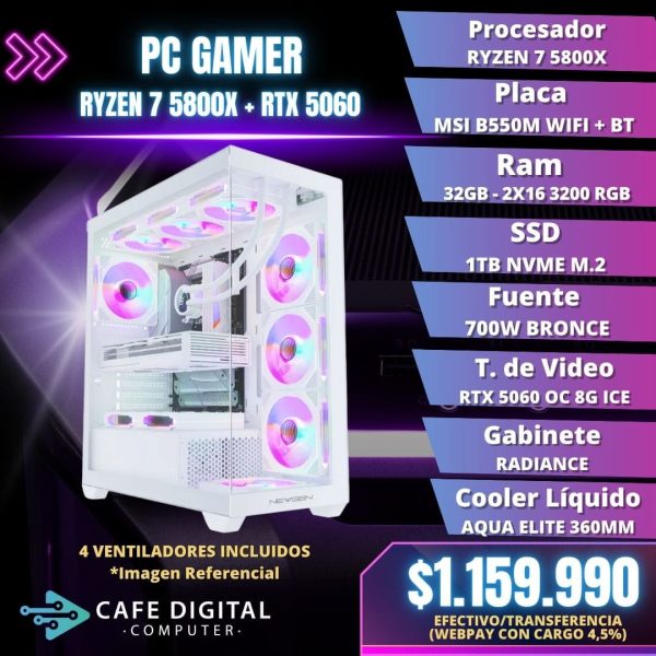 PC Gamer – Ryzen 7 5800X / RTX 5060 / 32GB / 1TB NVME – RADIANCE WHITE