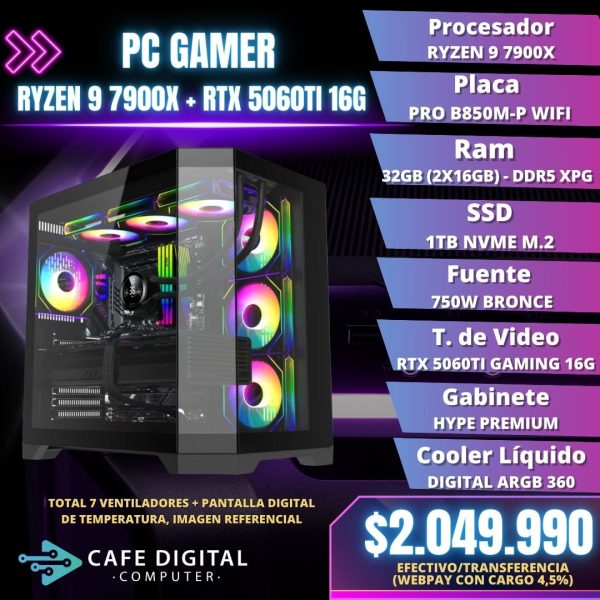 PC GAMER PRO – RYZEN 9 7900X / RTX 5060TI 16G / 32GB DDR5 / 1TB NVME – HYPE PREMIUM
