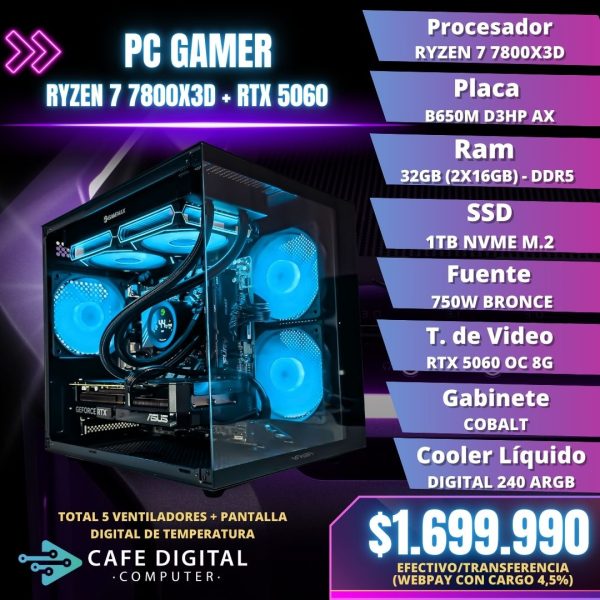 PC GAMER – Ryzen 7 7800X3D / RTX 5060 / 32GB DDR5 / 1TB NVME – COBALT