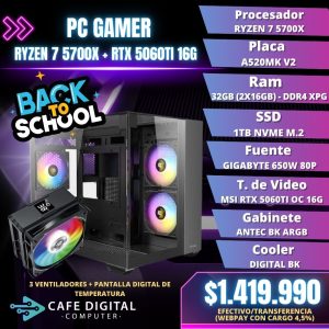 PC GAMER – RYZEN 7 5700X / RTX 5060TI 16G / 32GB / 1TB NVME – CX600