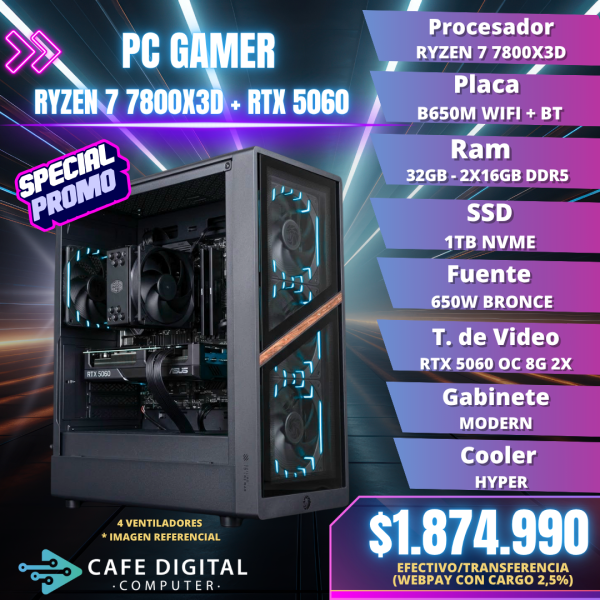 PC Gamer PRO – Ryzen 7 7800X3D / RTX 5060 / 32GB DDR5 / 1TB NVME - AERIS