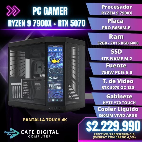 PC Gamer PRO – Ryzen 9 7900X / RTX 5070 / 32GB DDR5/ 1TB NVME / PANTALLA TOUCH - HYTE