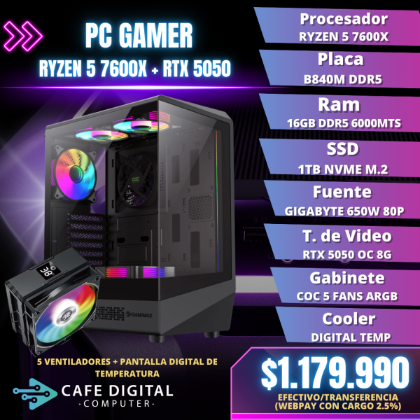 PC Gamer - Ryzen 5 7600X / RTX 5050 / 16GB DDR5 / 1TB - VISTA