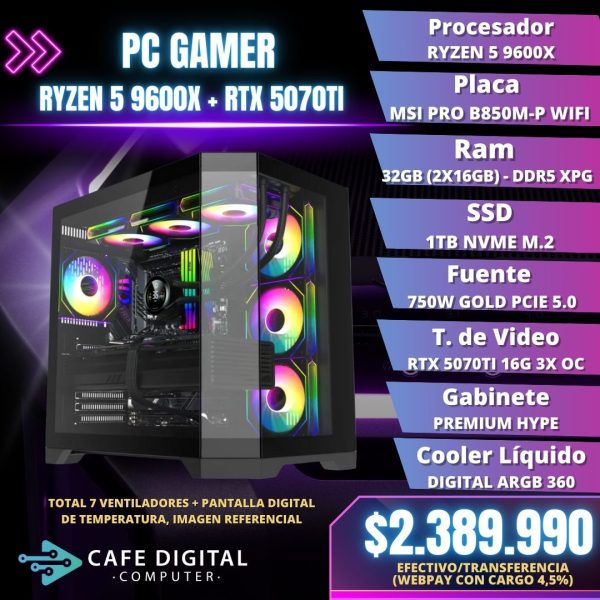 PC GAMER PRO - RYZEN 5 9600X / RTX 5070TI / 32GB DDR5 / 1TB - HYPE