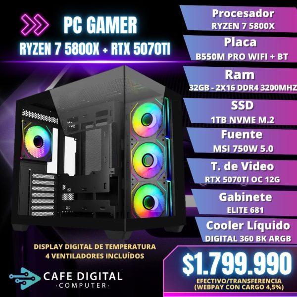 PC Gamer PRO – Ryzen 7 5800X / RTX 5070TI / 32GB / 1TB NVME – ELITE