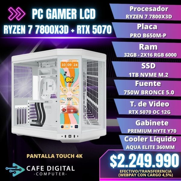 PC Gamer PRO – Ryzen 7 7800X3D / RTX 5070 / 32GB DDR5/ 1TB NVME / PANTALLA TOUCH 4K- HYTE WHITE