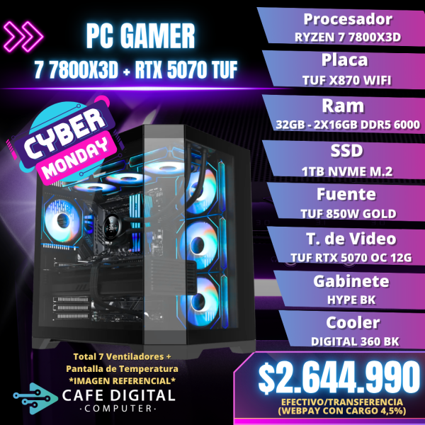 PC Gamer – Ryzen 7 7800X3D / RTX 5070 TUF / 32GB DDR5 / 1TB NVME – TUF SERIES