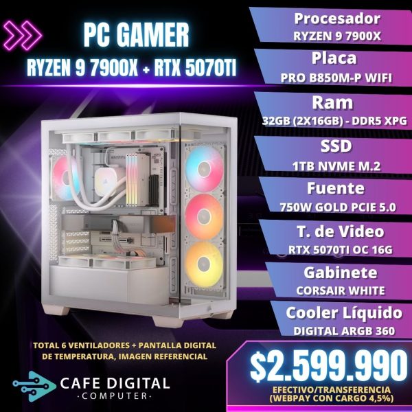 PC GAMER PRO – RYZEN 9 7900X / RTX 5070TI 16G / 32GB DDR5 / 1TB NVME – CORSAIR