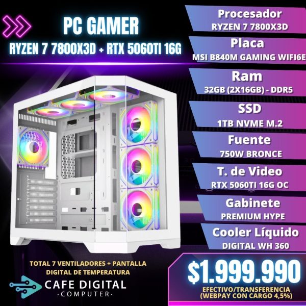 PC GAMER – RYZEN 7 7800X3D / RTX 5060TI 16G / 32GB DDR5 / 1TB NVME – HYPE WHITE