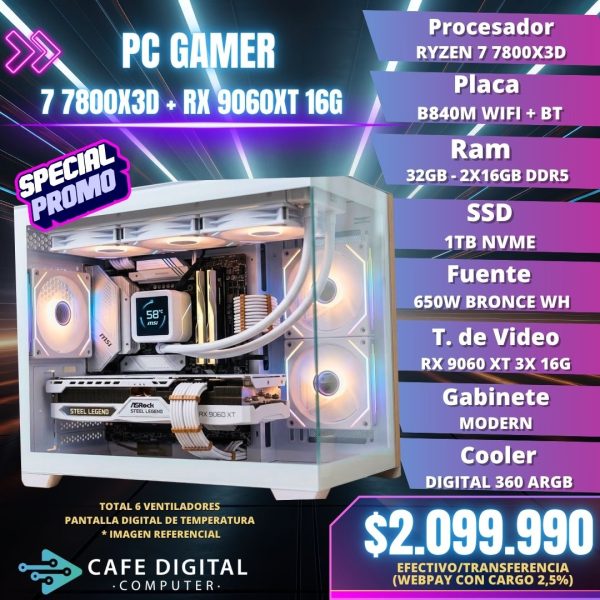 PC Gamer PRO – Ryzen 7 7800X3D / RX 9060 XT 16G / 32GB DDR5 / 1TB NVME – WHITE