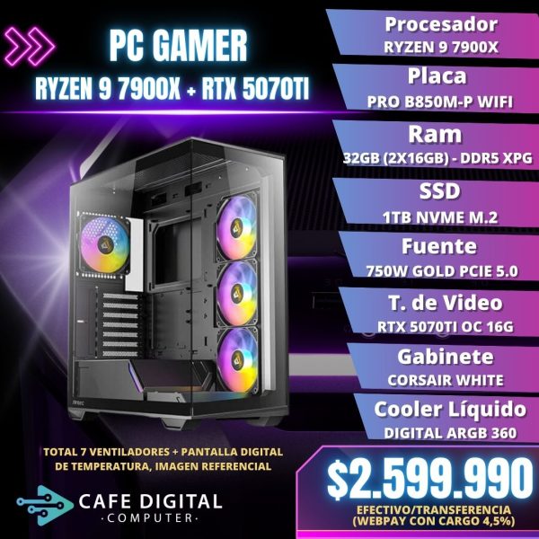 PC GAMER PRO – RYZEN 9 7900X / RTX 5070TI 16G / 32GB DDR5 / 1TB NVME – MASTER