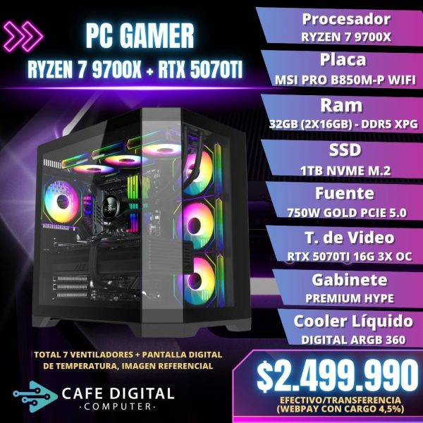 PC GAMER PRO - RYZEN 7 9700X / RTX 5070TI / 32GB DDR5 / 1TB - HYPE