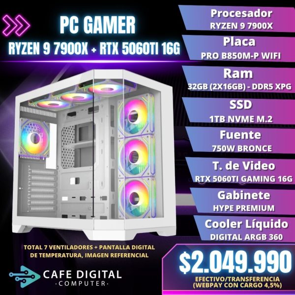 PC GAMER PRO – RYZEN 9 7900X / RTX 5060TI 16G / 32GB DDR5 / 1TB NVME – HYPE WHITE