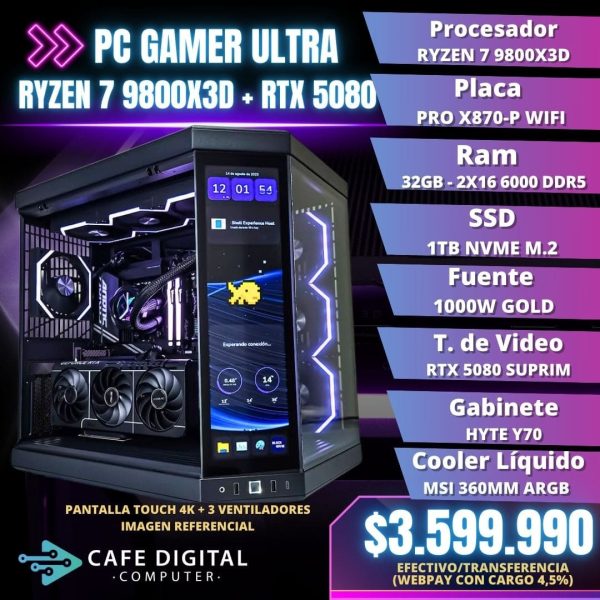 PC GAMER ULTRA – Ryzen 7 9800X3D / RTX 5080 SUPRIM / 32GB DDR5 / 1TB NVME – CON PANTALLA - HYTE