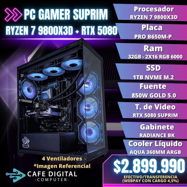 PC GAMER SUPRIM – Ryzen 7 9800X3D / RTX 5080 / 32 GB DDR5 / 1TB NVME – PREMIUM RADIANCE