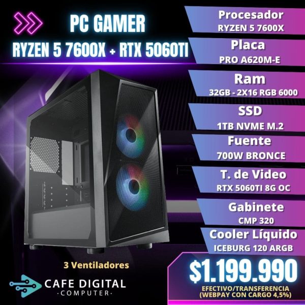 PC Gamer – Ryzen 5 7600X / RTX 5060 TI / 32GB DDR5 / 1TB – CMP