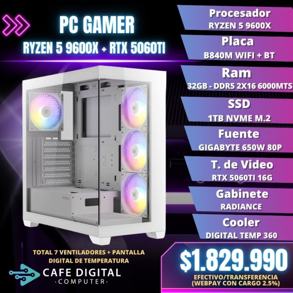 PC GAMER PRO - RYZEN 5 9600X / RTX 5060TI 16GB / 32GB DDR5 / 1TB - RADIANCE WHITE