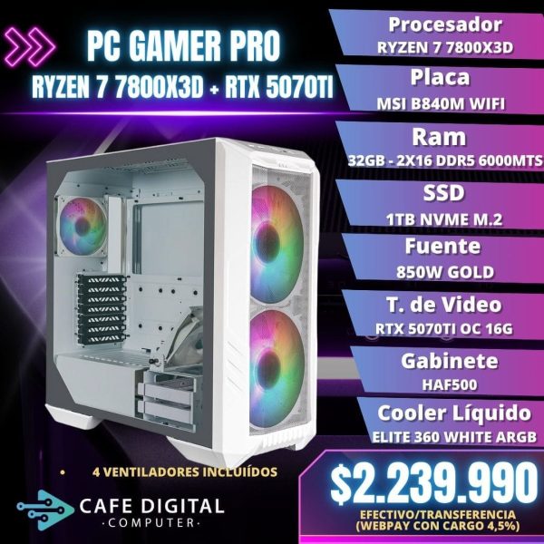 PC GAMER PRO - Ryzen 7 7800X3D / RTX 5070TI / 32GB DDR5 / 1TB NVME - HAF White