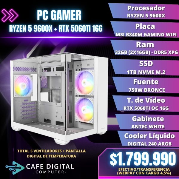 PC GAMER – RYZEN 5 9600X / RTX 5060 TI / 32GB DDR5 / 1TB NVME – CX WHITE