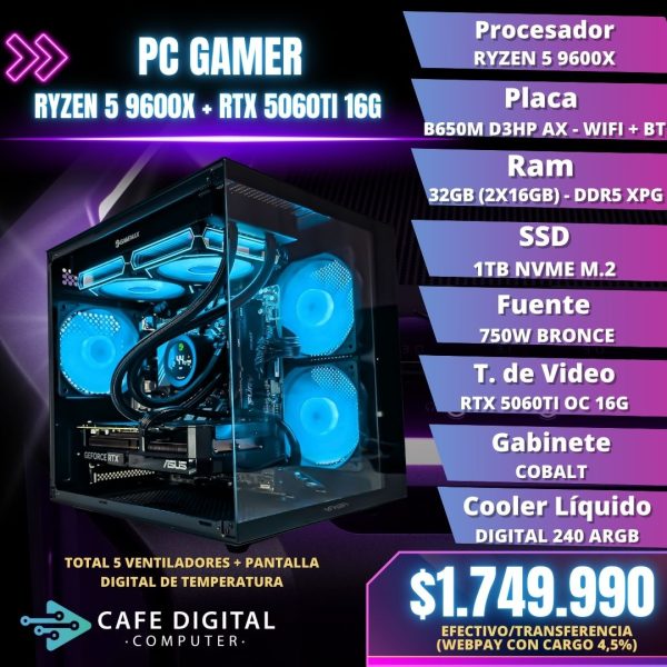 PC GAMER – RYZEN 5 9600X / RTX 5060TI 16G / 32GB DDR5 / 1TB NVME – COBALT