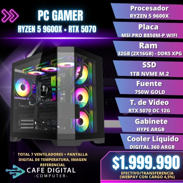 PC GAMER – RYZEN 5 9600X / RTX 5070 / 32GB DDR5 / 1TB NVME – HYPE