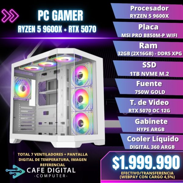 PC GAMER – RYZEN 5 9600X / RTX 5070 / 32GB DDR5 / 1TB NVME – HYPE WHITE
