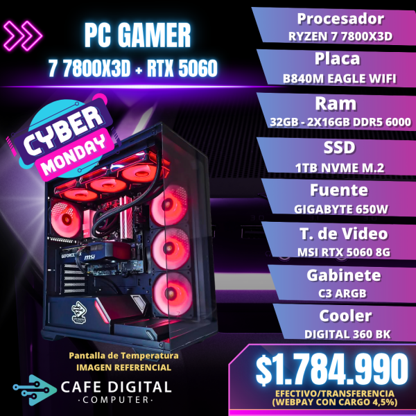 PC Gamer – Ryzen 7 7800X3D / RTX 5060 / 32GB DDR5 / 1TB NVME – DIGITAL