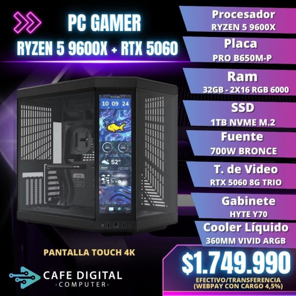 PC GAMER – RYZEN 5 9600X / RTX 5060 TRIO / 32GB DDR5 / 1TB NVME – CON PANTALLA TOUCH