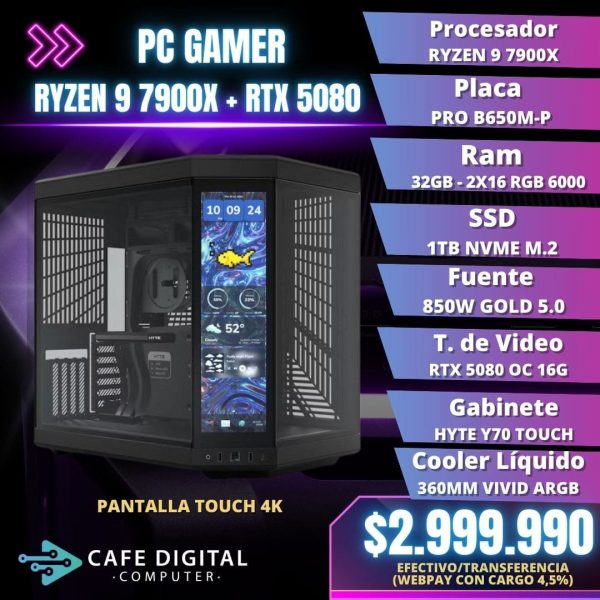 PC Gamer PRO – Ryzen 9 7900X / RTX 5080 / 32GB DDR5 / 1TB NVME / PANTALLA TOUCH 4K- HYTE