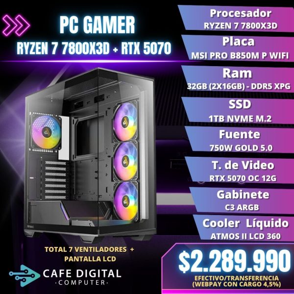 PC Gamer PRO – Ryzen 7 7800X3D / RTX 5070 / 32GB DDR5 / 1TB NVME - ATMOS PANTALLA LCD