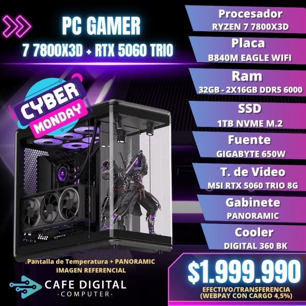 PC Gamer – Ryzen 7 7800X3D / RTX 5060 TRIO / 32GB DDR5 / 1TB NVME – PANORAMIC