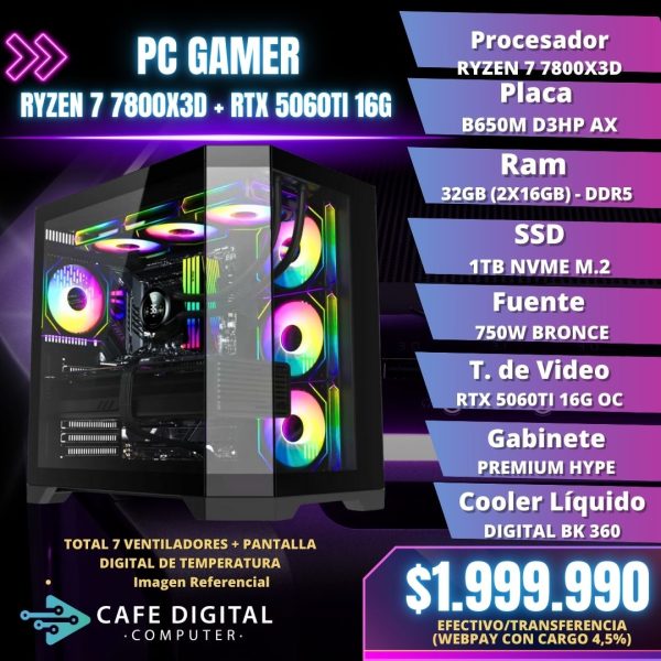 PC GAMER – RYZEN 7 7800X3D / RTX 5060TI 16G / 32GB DDR5 / 1TB NVME – PREMIUM HYPE
