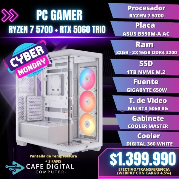 PC GAMER WHITE – RYZEN 7 5700 / RTX 5060 TRIO / 32GB / 1TB NVME – CORSAIR