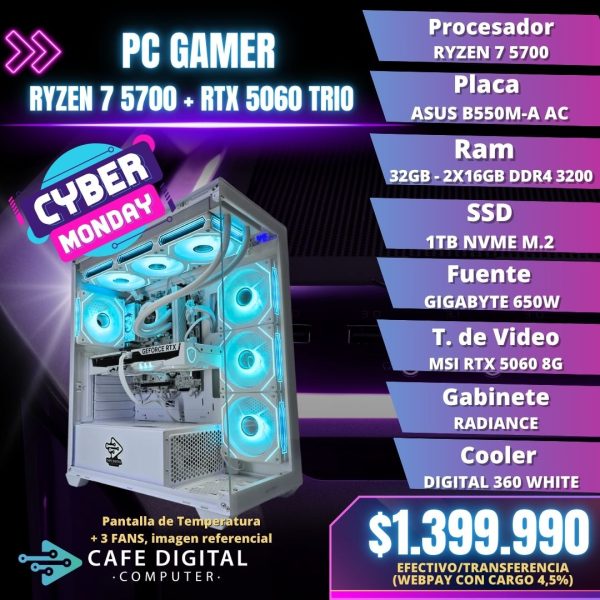 PC GAMER WHITE – RYZEN 7 5700 / RTX 5060 TRIO / 32GB / 1TB NVME – RADIANTE