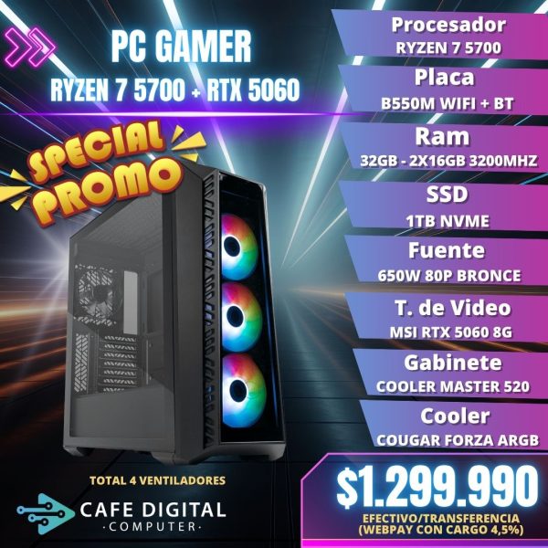 PC GAMER – RYZEN 7 5700 / RTX 5060 / 32GB / 1TB NVME – COOLER MASTER