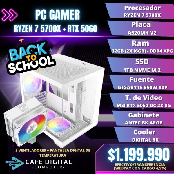 PC GAMER – RYZEN 7 5700X / RTX 5060 / 32GB / 1TB NVME – CX6 WHITE