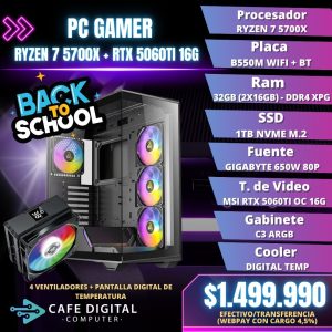 PC GAMER – RYZEN 7 5700X / RTX 5060TI 16G / 32GB / 1TB NVME – C3