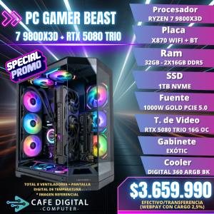 PC GAMER BEAST – Ryzen 7 9800X3D / RTX 5080 TRIO / 32GB DDR5 / 1TB NVME – EXOTIC
